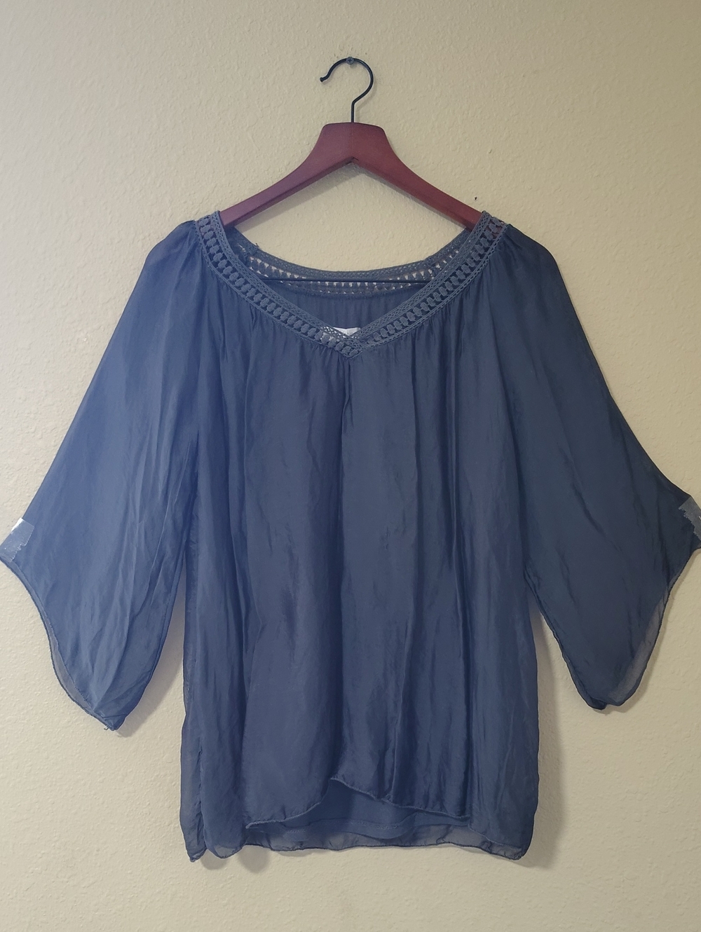 Cobble Stone Silky Bell Sleeves Lace Neck Line Blouse Quiet Luxury Neutral Italy